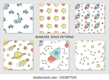 Vector flat illustration - set of seamless patterns with cartoon space scene. Picture on white background for print, textile and wrapping paper