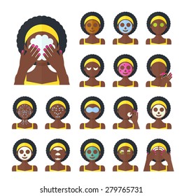 Vector flat illustration: Set of seventeen attractive afro american models with different spa beauty treatments in yellow clothes