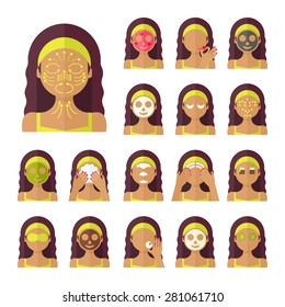 Vector flat illustration: Set of seventeen attractive latina models with different spa beauty treatments in lime clothes