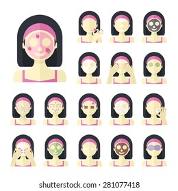 Vector flat illustration: Set of seventeen attractive asian models with different spa beauty treatments in pink clothes