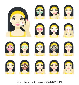 Vector flat illustration: Set of seventeen beautiful asian models with different spa beauty treatments in yellow clothes