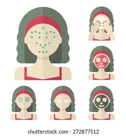 Vector flat illustration: Set of six beautiful european  models with different spa beauty treatments in red clothes