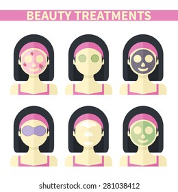 Vector flat illustration: Set of six attractive asian models with different spa beauty treatments in pink clothes