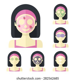 Vector flat illustration: Set of six attractive asian models with different spa beauty treatments in pink clothes