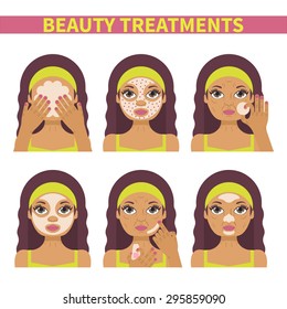 Vector flat illustration: Set of six age-related latina models with different spa beauty treatments in olive clothes