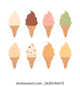 Vector flat illustration set of soft ice cream cones in various flavors like vanilla, chocolate, strawberry, mint, and more, isolated on a white background. Menu. Summer cold and sweet dessert.