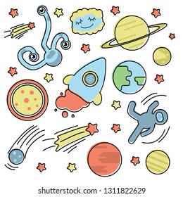 Vector flat illustration - set with space collection: alien, moon, sun, stars and planets and other