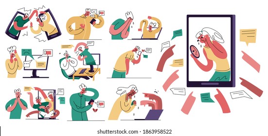 Vector flat illustration with set of subjects concept bullying, dependence on gadgets, aggression in network, stress, depression. Users are shown reacting to comments in messages.