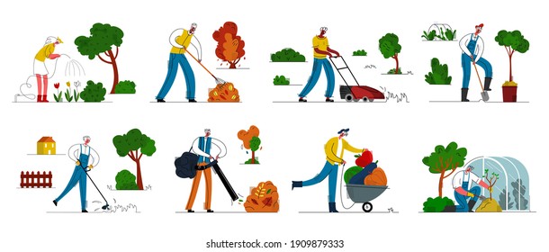 Vector flat illustration set subjects concept gardening, farm, taking care homestead. Characters are depicted at work, watering flowers, planting trees, working in greenhouse, cleaning autumn foliage.