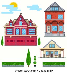 Vector flat illustration. Set of urban and village elements.