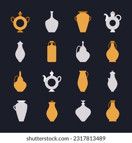 Vector flat illustration set. Various vases for drinking. Pottery studio icon set. Products made on potters wheel. Natural clay products in a simple style. Kumanets Ukrainian traditional crockery