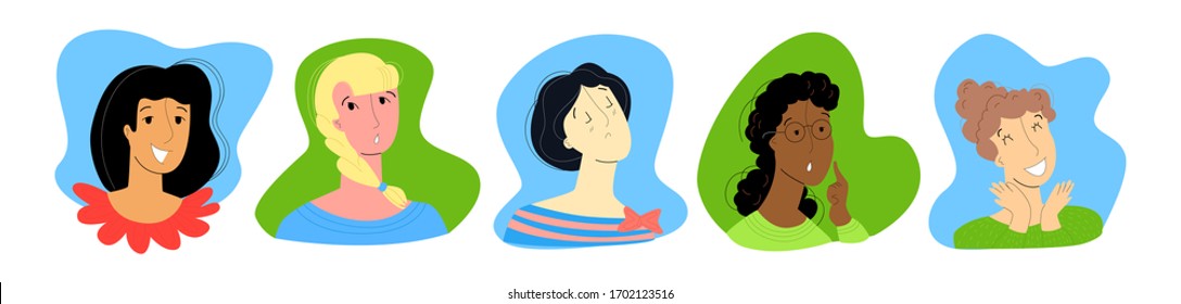 Vector flat illustration with set of women s faces. Everyone has different emotions, namely joy, boredom, resentment, thoughtfulness, and fun. You can use it in web design, postcards, banners, etc.