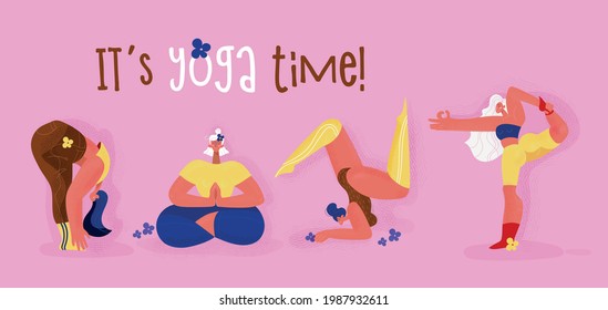 
vector flat illustration set of yoga healthy flex sporty girls,cute  yoga asana illustration, healthy lifestyle
