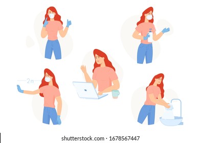 Vector flat illustration. Set young women.  Quarantine precautions during coronavirus. Face mask. Disinfectant. Keep a safe distance with other people. Washing your hands. Stay home. COVID-19 Info