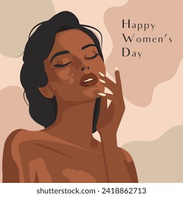 Vector flat illustration of a sexy African woman in muted natural shades. Greeting card for International Women's Day.