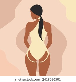 Vector flat illustration of a sexy African woman with a beautiful figure in a dance costume. Back view.
