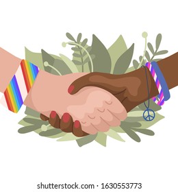 Vector flat illustration of shaking hands with rainbow bracelets and leaves. Friendship Day. Ecological conversation. Female support. Cartoon picture for card, invitation, banner and your creativity