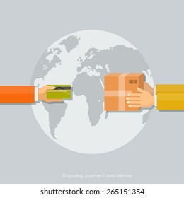 Vector flat illustration. Shopping  concepts, payment with card, delivery service.