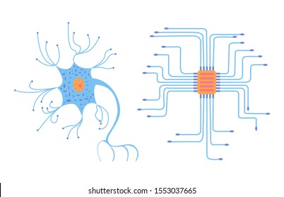 Vector flat illustration showing ordinary human neuron on one side and chip on the other side. Concept of bioengineering, new technologies. It is possible to use separate elements in works.