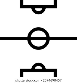 Vector flat illustration showing simplified scheme of football field. Icon for applications. Sign of gates of two teams and center of the field before match. Black outline