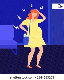 La ilustración plana vectorial muestra a la mujer embarazada en la cita médica. Ella está esperando su turno. Ella tiene dolor de cabeza, dolor de espalda. Concepto problemas de embarazo, tratamiento preñado. En diseño web, banners, etc.