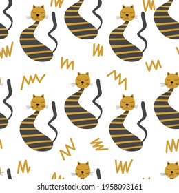 Vector flat illustration with silhouette cute cat. Seamless trendy pattern in scandinavian style on white background. Design for card, poster, fabric, textile.