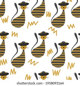 Vector flat illustration with silhouette cute cat. Seamless trendy pattern in scandinavian style on white background. Design for card, poster, fabric, textile.