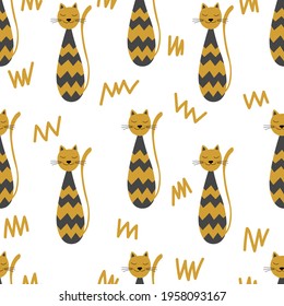 Vector flat illustration with silhouette cute cat. Seamless trendy pattern in scandinavian style on white background. Design for card, poster, fabric, textile.