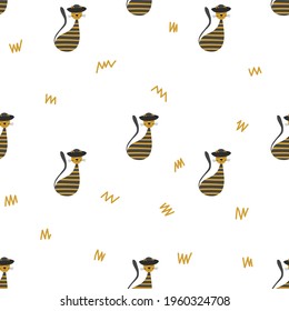 Vector flat illustration with silhouette cute cat. Seamless trendy pattern in scandinavian style on white background. Design for card, poster, fabric, textile.