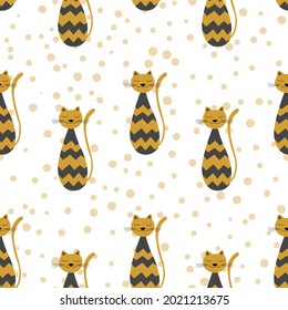 Vector flat illustration with silhouette cute cat. Seamless trendy pattern in scandinavian style on white background. Design for card, poster, fabric, textile.