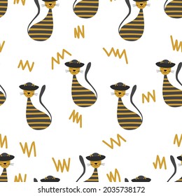 Vector flat illustration with silhouette cute cat. Seamless trendy pattern in scandinavian style on white background. Design for card, poster, fabric, textile.