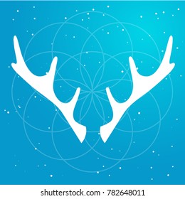 Vector flat Illustration of silhouette deer horns and soft light around mandala on a gradient sky blue starry backgroud. Used for logo, icon or templates for web. Astrological, mystic, magic template