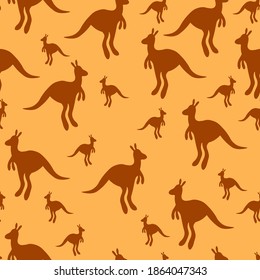 Vector flat illustration with silhouette kangaroo and baby kangaroo on fiery background. Seamless pattern on orange background. Design for card, poster, fabric, textile. Pray for Australia and animals