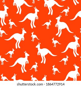 Vector flat illustration with silhouette kangaroo and baby kangaroo on fiery background. Seamless pattern on orange background. Design for card, poster, fabric, textile. Pray for Australia and animals