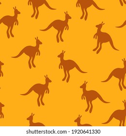 Vector flat illustration with silhouette kangaroo and baby kangaroo on fiery background. Seamless pattern on orange background. Design for card, poster, fabric, textile. Pray for Australia and animals