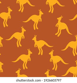 Vector flat illustration with silhouette kangaroo and baby kangaroo on fiery background. Seamless pattern on orange background. Design for card, poster, fabric, textile. Pray for Australia and animals