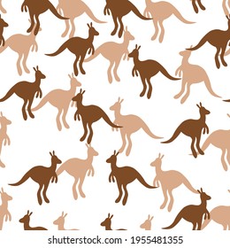 Vector flat illustration with silhouette kangaroo and baby kangaroo. Seamless pattern on white background. Design for card, poster, fabric, textile. Pray for Australia and animals.