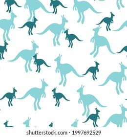 Vector flat illustration with silhouette kangaroo and baby kangaroo. Seamless pattern on white background. Design for card, poster, fabric, textile. Pray for Australia and animals.