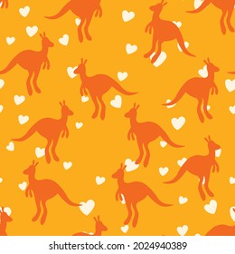 Ilustración plana vectorial con canguro de silueta y canguro de bebé sobre fondo feroz. Patrón sin brillo sobre el fondo naranja. Diseño para tarjeta, afiche, tela, textil. Rezar por Australia y los animales