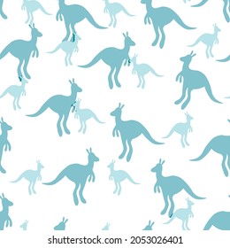 Vector flat illustration with silhouette kangaroo and baby kangaroo. Seamless pattern on white background. Design for card, poster, fabric, textile. Pray for Australia and animals.