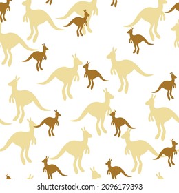 Vector flat illustration with silhouette kangaroo and baby kangaroo. Seamless pattern on white background. Design for card, poster, fabric, textile. Pray for Australia and animals.