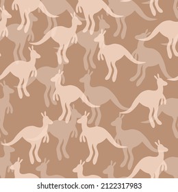 Vector flat illustration with silhouette kangaroo and baby kangaroo. Seamless pattern on color background. Design for card, poster, fabric, textile. Pray for Australia and animals.