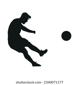 Vector flat illustration. Silhouette of a man playing football. Man and ball isolated on white background. Avatar, user profile, person icon, profile picture. Suitable for social media profiles.