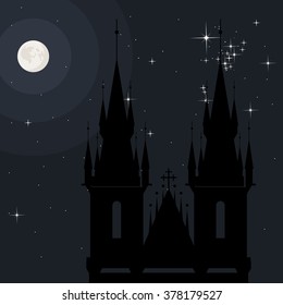 Vector flat illustration with  silhouette of old building at night with moon and stars. 