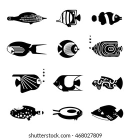 Vector flat illustration silhouette sea tropical various aquarium fish icon on isolation.