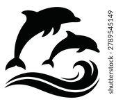 vector flat illustration Silhouette of Two Dolphins Jumping Over Ocean Waves