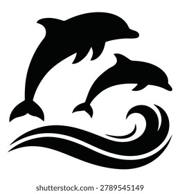 vector flat illustration Silhouette of Two Dolphins Jumping Over Ocean Waves