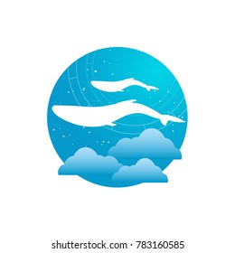 Vector flat Illustration of silhouette of two whales on a gradient sky blue backgroud with constellation of stars, clouds in round form. Used for logo, mobile app icon (UI/UX) or templates for web