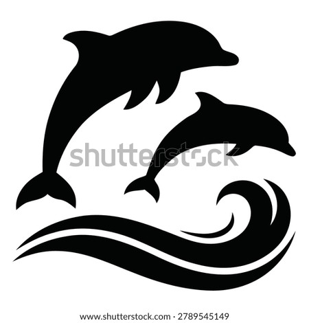 vector flat illustration Silhouette of Two Dolphins Jumping Over Ocean Waves