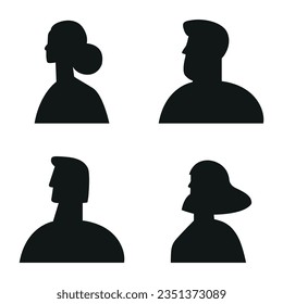 Vector flat illustration. Silhouettes of men and women in black. Avatar, user profile, person icon, profile picture. Suitable for social media profiles, icons, screensavers and as a template.